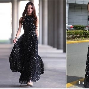 Pleated & Polka Dot Halter Maxi Dress